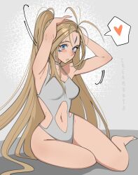 Rule 34 | 1girl, aa megami-sama, adjusting hair, antenna hair, armpits, arms up, artist name, bare legs, barefoot, belldandy, blue eyes, blush, breasts, cleavage, clothing cutout, commentary, creamboyo, english commentary, facial mark, forehead mark, full body, grey background, grey one-piece swimsuit, hands in hair, heart, highres, light brown hair, long hair, looking at viewer, medium breasts, motion lines, navel, navel cutout, one-piece swimsuit, parted bangs, parted lips, ponytail, side cutout, simple background, sitting, solo, spoken heart, swimsuit, very long hair, yokozuwari