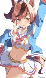 Rule 34 | 1girl, :d, animal ears, arm up, blouse, blue jacket, blush, bow, breasts, brown eyes, brown hair, cheerleader, commentary request, crop top, cropped jacket, dated, highres, hirota fruit, horse ears, horse girl, horse tail, jacket, long sleeves, midriff, multicolored hair, navel, nice nature (run&amp;win) (umamusume), nice nature (umamusume), open clothes, open jacket, open mouth, pleated skirt, pom pom (cheerleading), ponytail, puffy long sleeves, puffy sleeves, red bow, sailor collar, shirt, simple background, skirt, small breasts, smile, solo, streaked hair, tail, twitter username, umamusume, white background, white sailor collar, white shirt, white skirt