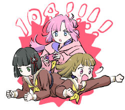 Rule 34 | 3girls, :o, ahoge, anyoji hime, black hair, blue eyes, blunt bangs, blunt ends, braid, brown dress, brown hair, clenched hands, closed mouth, controller, cropped torso, dress, flower, flower knot, game controller, green eyes, hair flower, hair ornament, hasu no sora school uniform, holding, holding controller, holding game controller, hood, hooded jacket, jacket, kachimachi kosuzu, link! like! love live!, long hair, long sleeves, love live!, mokeo, momose ginko, multi-tied hair, multiple girls, neckerchief, open clothes, open jacket, open mouth, outstretched arm, pink eyes, pink hair, pink jacket, ponytail, sailor collar, sailor dress, school uniform, short hair, side ahoge, side braids, sidelocks, straight hair, swept bangs, v-shaped eyebrows, virtual youtuber, white sailor collar, winter uniform, yellow neckerchief