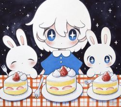 Rule 34 | + +, 1girl, blue dress, blue eyes, bright pupils, cake, dated, dress, expressionless, food, fork, fruit, highres, looking at viewer, original, plate, rabbit, short sleeves, signature, sparkle, strawberry, strawberry shortcake, white pupils, zukky000