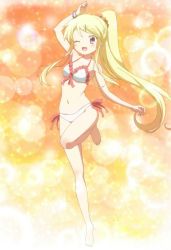 Rule 34 | 10s, 1girl, ;d, arm up, armpits, barefoot, bikini, blonde hair, blush, bracelet, feet, full body, gradient background, hair ornament, hairclip, happy, highres, jewelry, kin-iro mosaic, kujou karen, leg up, legs, long hair, looking at viewer, navel, one eye closed, open mouth, ponytail, purple eyes, screencap, scrunchie, side-tie bikini bottom, smile, solo, sparkle, standing, standing on one leg, stitched, swimsuit, third-party edit, toes, white bikini, wink