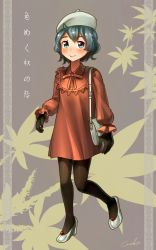 Rule 34 | 10s, 1girl, adapted costume, bag, beret, black gloves, black pantyhose, collared dress, commentary request, contemporary, dress, full body, gloves, green eyes, green hair, handbag, hat, high heels, highres, kaban (kemono friends), kemono friends, long sleeves, looking at viewer, pantyhose, puffy long sleeves, puffy sleeves, red dress, short hair, shoulder bag, signature, smile, solo, translation request, welt (kinsei koutenkyoku)