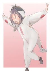 Rule 34 | 1girl, airplane costume, alternate costume, black socks, closed eyes, costume, full body, grey hair, hair between eyes, highres, hood, hood up, kantai collection, leg up, long hair, long sleeves, open mouth, outstretched arms, sakieko, simple background, socks, solo, zuihou (kancolle)