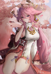 Rule 34 | 1girl, absurdres, animal ears, arm support, artist name, bare shoulders, blurry, blush, branch, breasts, cherry blossoms, detached sleeves, earrings, floppy ears, floral print, flower, flower knot, fox, fox ears, genshin impact, gohei, groin, hair between eyes, hair ornament, hand up, highres, holding, holding gohei, japanese clothes, jewelry, large breasts, long hair, long sleeves, looking at viewer, low-tied long hair, no panties, nontraditional miko, pink flower, pink hair, red nails, red skirt, ribbon trim, shirt, sideboob, sidelocks, sitting, skirt, sleeveless, sleeveless shirt, solo, tassel, themaree, thighs, turtleneck, very long hair, white shirt, white sleeves, wide sleeves, yae miko