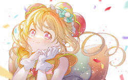 Rule 34 | 1girl, back bow, blonde hair, bow, brooch, bun cover, closed mouth, confetti, cure yum-yum, delicious party precure, double bun, drill hair, gloves, green bow, hair bun, hanamichi ran, heart, heart brooch, hoshi (xingspresent), huge bow, jewelry, looking at viewer, magical girl, medium hair, precure, red eyes, smile, solo, sparkle, twin drills, upper body, white background, white gloves, yellow bow