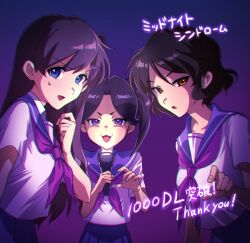 3girls black_hair blue_sailor_collar blue_skirt brown_hair flashlight fujita_ponzu hair_ornament holding holding_flashlight kirishita_mayuka long_hair midnight_syndrome milestone_celebration multiple_girls neckerchief nekoya_tomomi official_art one_side_up pleated_skirt sailor_collar school_uniform serafuku short_hair skirt smile star_(symbol) star_hair_ornament twintails