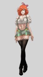Rule 34 | 1girl, ahoge, android, arms at sides, bare shoulders, black thighhighs, boots, bow, breasts, cleavage, freckles, full body, glowing, glowing eye, green eyes, grey background, hair over one eye, looking at viewer, midriff, navel, orange hair, penny polendina, rwby, short hair, simple background, sinccubi, skirt, solo, standing, suspender skirt, suspenders, tagme, thigh boots, thighhighs, zettai ryouiki