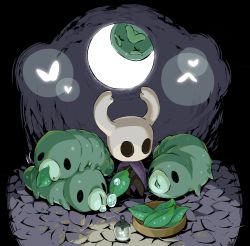 Rule 34 | arizuka (catacombe), bug, cloak, dark background, eating, glowing, grub (hollow knight), holding, hollow knight, horns, knight (hollow knight), lamp, leaf, looking at another, mask, no humans, simple background, sitting, standing, water drop