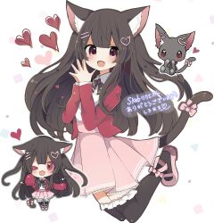 Rule 34 | &gt; o, 1girl, animal, animal ear fluff, animal ears, black ribbon, black thighhighs, brown hair, cat, cat girl, cat tail, chibi, chibi inset, commission, fang, frilled thighhighs, frills, hair ornament, hairclip, heart, heart hair ornament, highres, jacket, light blush, one eye closed, open mouth, original, ovoip, own hands together, pink eyes, pink footwear, pink ribbon, pink skirt, pleated skirt, purple eyes, red jacket, ribbon, shirt, sidelocks, simple background, skeb commission, skin fang, skirt, tail, tail ornament, tail ribbon, thighhighs, white background, white shirt