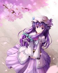 Rule 34 | 1girl, book, capelet, cherry blossoms, coat, crescent, dress, female focus, hair ribbon, hat, highres, long hair, open clothes, open coat, patchouli knowledge, petals, pink dress, purple eyes, purple hair, qiuzhi huiyi, ribbon, solo, striped clothes, striped dress, touhou, tree, v arms