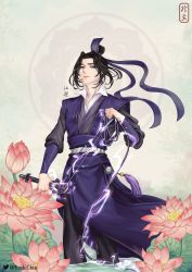 Rule 34 | 1boy, black hair, chinese clothes, flower, grey eyes, hair ribbon, highres, holding, holding weapon, jiang cheng, jinju park, magic, male focus, modao zushi, purple ribbon, ribbon, solo, standing, tassel, twitter username, wading, water, weapon, whip