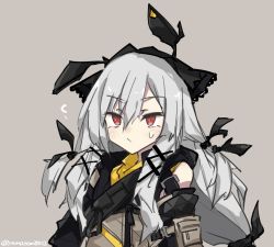 Rule 34 | 1girl, ^^^, arknights, bad id, bad twitter id, bare shoulders, black ribbon, closed mouth, commentary, grey background, grey hair, hair ornament, hairband, highres, long hair, looking away, low-tied long hair, red eyes, ribbon, sidelocks, simple background, solo, sweat, twitter username, upper body, weedy (arknights), yamasemi (yy8023)