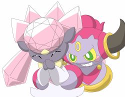 Rule 34 | 1boy, 1girl, animated, animated gif, artist request, closed eyes, colored sclera, creatures (company), crystal, diancie, game freak, gem, gen 6 pokemon, green eyes, hands together, hoopa, horns, laughing, legendary pokemon, mythical pokemon, nintendo, no humans, open mouth, pokemon, pokemon (creature), pokemon xy, simple background, smile, tears, teeth, tickling, white background, yellow sclera