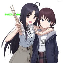 Rule 34 | 2girls, ahoge, arm around neck, awa subaru, black hair, black ribbon, blue eyes, blue jacket, brown hair, brown skirt, closed mouth, clothes writing, commentary request, copyright name, dress shirt, drumsticks, english text, girls band cry, hair intakes, highres, holding, holding drumsticks, iseri nina, jacket, long hair, looking at viewer, low twintails, mos (m gespannt), multiple girls, neck ribbon, open clothes, open jacket, open mouth, parted bangs, plaid, plaid skirt, purple eyes, red skirt, ribbon, shirt, shirt tucked in, short hair, short twintails, sidelocks, simple background, skirt, sleeveless, sleeveless shirt, twintails, v, white background, white shirt