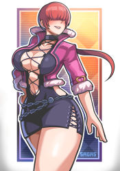 Rule 34 | 1girl, absurdres, artist name, black dress, black shirt, blush, breasts, cleavage, commentary, dress, fighting stance, fur trim, hair over eyes, highres, jacket, korean commentary, large breasts, lips, mixed-language commentary, pink jacket, sagas293, shermie (kof), shirt, simple background, smile, solo, tagme, the king of fighters, the king of fighters xv, white background