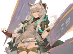Rule 34 | 1girl, animal ear fluff, animal ears, arknights, black coat, blush, bracelet, breasts, brown gloves, cat ears, coat, coat on shoulders, cowboy shot, dress, fingerless gloves, gloves, green eyes, highres, infection monitor (arknights), jewelry, long hair, looking at viewer, open clothes, open coat, panties, pantyshot, parted lips, rosmontis (arknights), sakura (1723231388), short dress, silver hair, simple background, skindentation, small breasts, solo, thigh strap, twitter username, underwear, upskirt, white background, white panties