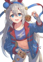 Rule 34 | 1girl, :d, animal ears, blue eyes, blue hairband, blue jacket, blush, breasts, collarbone, commentary request, crop top, fang, fingerless gloves, food, gloves, grey gloves, grey hair, hair between eyes, hairband, hand up, highres, holding, holding food, horse ears, horse girl, horse tail, jacket, long hair, looking at viewer, midriff, navel, open clothes, open jacket, open mouth, pants, rangen, simple background, small breasts, smile, solo, tail, takoyaki, tamamo cross (umamusume), umamusume, very long hair, white background, white pants