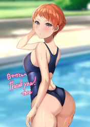 Rule 34 | 1girl, absurdres, artist name, ass, blue one-piece swimsuit, blush, breasts, competition swimsuit, cowboy shot, fire emblem, fire emblem: three houses, highleg, highleg swimsuit, highres, leonie pinelli, looking at viewer, looking back, medium breasts, nintendo, one-piece swimsuit, orange eyes, orange hair, pool, short hair, solo, standing, swimsuit, tara (szzj7733), thank you, very short hair, wedgie, wet