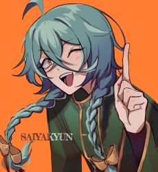 Rule 34 | 1boy, ahoge, aqua hair, artist name, ashe bradley, bow, braid, commentary, english commentary, green jacket, hair bow, hand up, highres, index finger raised, jacket, long sleeves, looking at viewer, male focus, one eye closed, open mouth, orange background, saiyakyun, simple background, small pupils, smile, solo, teeth, twin braids, upper teeth only, watermark, witch&#039;s heart, yellow bow, yellow eyes, yellow trim