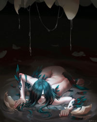 Rule 34 | 1girl, cracked egg, dark room, dripping, eggshell, feathers, green hair, hair over one eye, hatching, highres, long hair, looking at viewer, lying, nude, on stomach, original, parted lips, tail, whoareuu, yellow eyes