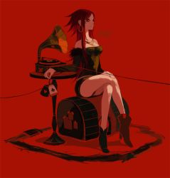 Rule 34 | 1girl, artist name, asching, bare shoulders, belt, black eyes, boots, crossed legs, dated, dress, earrings, hand on leg, heart, high heels, holding, hoop earrings, jewelry, long hair, original, phonograph, record, red background, red hair, shoes, short dress, simple background, sitting, solo, spade, table, tattoo, weapon