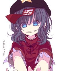 Rule 34 | 1girl, bianco (mapolo), blue eyes, blue hair, bow, hat, jiangshi, looking at viewer, matching hair/eyes, miyako yoshika, ofuda, outstretched arms, shirt, short hair, short sleeves, simple background, smile, solo, star (symbol), text focus, touhou, translation request, turtleneck, white background, zombie pose