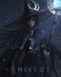 Rule 34 | 1girl, artist name, black cape, black dress, black hair, black nails, black shawl, brooch, cape, dress, earrings, hat, highres, jewelry, looking down, mole, mole under mouth, moon (ornament), nail polish, nixeu, original, red eyes, shawl, silver trim, snowing, staff, witch, witch hat