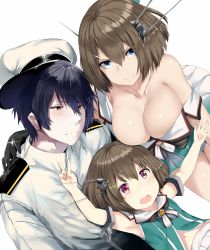 Rule 34 | 10s, 1boy, 2girls, admiral (kancolle), black gloves, blue eyes, blush, breasts, brown hair, child, gloves, hair ornament, hat, headgear, hews, kantai collection, large breasts, maya (kancolle), military, military uniform, multiple girls, naval uniform, remodel (kantai collection), school uniform, serafuku, short hair, smile, uniform, v, aged down