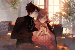 Rule 34 | 1boy, 1girl, black hair, blood, blush, brown hair, closed eyes, coach, coat, couch, day, drinking straw, embarrassed, hug, kawacy, on couch, pajamas, pillow, plant, sunlight, window