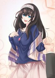 Rule 34 | 10s, 1girl, :d, absurdres, black hair, blue eyes, blush, breasts, hairband, holding hands, hand on own chest, highres, idolmaster, idolmaster cinderella girls, jewelry, long hair, looking at viewer, macline, open mouth, pendant, pov, sagisawa fumika, smile, solo, solo focus