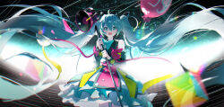Rule 34 | 1girl, absurdly long hair, absurdres, aqua bow, aqua bowtie, aqua eyes, aqua hair, balloon, bare shoulders, blurry, blush, bow, bowtie, commentary request, depth of field, detached sleeves, dress, hatsune miku, highres, holding, jiu ye sang, long hair, looking at viewer, megaphone, multicolored clothes, multicolored dress, night, night sky, open mouth, sky, sleeveless, sleeveless dress, smile, solo, twintails, very long hair, vocaloid