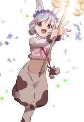 Rule 34 | 1girl, :d, animal costume, animal ears, bell, blunt bangs, commentary request, cow costume, crystal, foot out of frame, grey hair, headdress, highres, hohohoi, holding, holding staff, looking at viewer, neckerchief, open mouth, pink neckerchief, rabbit ears, ragnarok online, ragnarok origin, red eyes, short hair, smile, solo, staff, white background