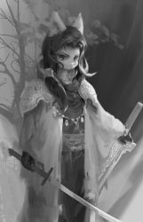 Rule 34 | aedbc, animal ears, armor, cloak, dog ears, furry, greyscale, highres, holding, holding sword, holding weapon, jewelry, low ponytail, monochrome, original, outdoors, pauldrons, robe, serious, shoulder armor, solo, standing, sword, tree, weapon