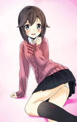 Rule 34 | 10s, 1girl, alternate costume, arm support, ass, black hair, black skirt, black socks, blush, bow, bowtie, buttons, cardigan, commentary request, grey eyes, hayasui (kancolle), kantai collection, kneehighs, long sleeves, looking at viewer, lying, on side, open mouth, panties, pantyshot, pink background, pleated skirt, short hair, skirt, sleeves past wrists, socks, solo, striped bow, striped bowtie, striped clothes, striped neckwear, underwear, white panties, zero (miraichizu)
