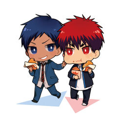 Rule 34 | 2boys, aomine daiki, black footwear, black jacket, black pants, blue coat, blue eyes, blue hair, blue pants, burger, chibi, chibi only, closed mouth, coat, collared shirt, dog tags, eating, food, full body, grin, hand on another&#039;s face, holding, holding food, jacket, kagami taiga, kuroko no basuke, male focus, multicolored clothes, multicolored jacket, multiple boys, necktie, pants, red eyes, red hair, school uniform, shirt, shoes, short hair, simple background, smile, sweatdrop, teeth, thick eyebrows, two-tone jacket, two-tone necktie, v-shaped eyebrows, white background, white footwear, white shirt, yuuto (sky cloister)