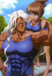 Rule 34 | 10s, 2girls, abs, absurdres, asahina aoi, barefoot, blue eyes, breasts, brown hair, cleavage, danganronpa: trigger happy havoc, danganronpa (series), hair ornament, hairclip, highres, legs, long hair, multiple girls, muscular, muscular female, non-web source, nyantype, official art, one-piece swimsuit, ogami sakura, open mouth, ponytail, pool, school swimsuit, swimsuit, very long hair, wet, white hair