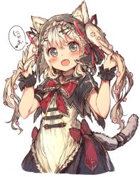 Rule 34 | 1girl, :d, animal ears, armlet, bad id, bad pixiv id, banfs, bell, blonde hair, blue eyes, blush, bow, bowtie, camomi, capelet, cat ears, cat tail, collar, dress, ears through headwear, frilled bow, frills, hair ornament, hair ribbon, hairclip, heart, holding, holding own hair, long hair, neck bell, open mouth, original, red bow, red bowtie, red ribbon, ribbon, simple background, smile, solo, speech bubble, tail, tareme, twintails, upper body, white background, wrist cuffs