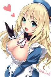 Rule 34 | 10s, 1girl, atago (kancolle), black gloves, blonde hair, breasts, cleavage, collar, dress, frills, gloves, green eyes, hat, heart, jpeg artifacts, kantai collection, kase daiki, large breasts, long hair, long sleeves, looking at viewer, maid, open mouth, solo, twitter username, white background