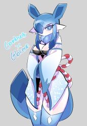 Rule 34 | 1girl, animal ears, black bra, blue eyes, blue hair, blue kimono, blue thighhighs, blush, bra, breasts, bright pupils, character name, cleavage, closed mouth, colored skin, cowboy shot, creatures (company), ddingyong, dot mouth, english text, female focus, fishnets, fur-trimmed kimono, fur collar, fur trim, fusion, game freak, gardevoir, gen 3 pokemon, gen 4 pokemon, glaceon, grey background, hair over one eye, highres, japanese clothes, kimono, light blush, long hair, long sleeves, looking at viewer, matching hair/eyes, medium breasts, multicolored hair, nintendo, one eye covered, open clothes, open kimono, own hands together, pokemon, pokemon (creature), rope, shimenawa, short kimono, sidelocks, simple background, solo, standing, tail, thick thighs, thighhighs, thighs, two-tone hair, underwear, white pupils, white skin, wide sleeves