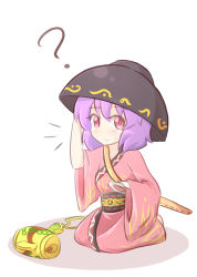 Rule 34 | 1girl, ?, bowl, hand on own head, japanese clothes, kimono, light frown, looking at viewer, mallet, obi, purple hair, red eyes, sash, seiza, short hair, simple background, sitting, solo, sukuna shinmyoumaru, sweatdrop, touhou, white background, wool (miwol)