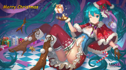 Rule 34 | 1girl, absurdres, aqua eyes, aqua hair, boots, breasts, brown footwear, brown gloves, candy, candy cane, character name, cleavage, food, gift, gloves, hat, hatsune miku, high heel boots, high heels, highres, hongse beiyu, knee boots, long hair, looking at viewer, medium breasts, navel, one eye closed, red hat, red thighhighs, santa costume, santa hat, sitting, smile, solo, thighhighs, very long hair, vocaloid