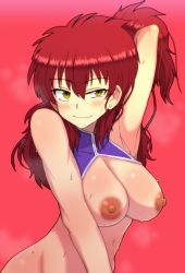 Rule 34 | 1girl, aikawa arika, armpits, blush, breasts, ear piercing, freckles, gundam, gundam 00, happy, highres, large breasts, looking at viewer, nena trinity, nipples, piercing, red background, red hair, simple background, smile, solo, sweat, topless, two side up, yellow eyes