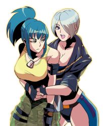 Rule 34 | 2girls, angel (kof), bardothodol, bare shoulders, black gloves, blue eyes, blue hair, bra, cargo pants, cropped jacket, earrings, fingerless gloves, gem, gloves, grabbing, grabbing from behind, green hair, hair between eyes, hair over one eye, hand to hand, highres, jacket, jewelry, leather, leather jacket, leona heidern, looking at another, multiple girls, muscular, muscular female, open mouth, pants, ponytail, short hair, snk, strapless, strapless bra, tank top, the king of fighters, the king of fighters xv, toned, underwear, yellow eyes, yellow tank top