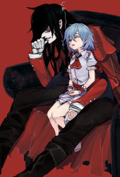Rule 34 | 1boy, 1girl, alucard (hellsing), black hair, blue hair, colored eyelashes, crossover, drooling, gloves, hellsing, highres, kumonji aruto, long hair, low wings, open mouth, pentagram, pointy ears, red background, remilia scarlet, short hair, sitting, sleeping, touhou, vampire, white gloves, wings, wrist cuffs