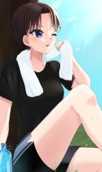 Rule 34 | 1girl, absurdres, black shirt, blue eyes, blue sky, bottle, brown hair, check commentary, commentary, commentary request, day, exercising, eyelashes, highres, holding, holding towel, leg up, looking afar, one eye closed, original, outdoors, parted lips, resting, saayu sirayuki, shirt, short hair, shorts, sitting, sky, sunlight, sweat, t-shirt, towel, towel around neck