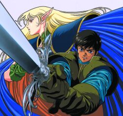 Rule 34 | 1boy, 1girl, black hair, blonde hair, blue eyes, cape, deedlit, gloves, green gloves, grin, holding, holding sword, holding weapon, long hair, long pointy ears, non-web source, official art, parn (lodoss), pointy ears, profile, record of lodoss war, short hair, smile, sword, two-handed, weapon, yuuki nobuteru