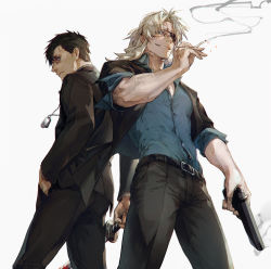 Rule 34 | 2boys, arm at side, belt, black belt, black hair, black jacket, black pants, blonde hair, blood, bloody weapon, blue eyes, blue shirt, cigarette, collared shirt, commentary, cowboy shot, dog tags, dress shirt, embers, english commentary, eyepatch, formal, gangsta, grin, gun, haban (haban35), hand in pocket, hand up, handgun, highres, holding, holding cigarette, holding gun, holding sword, holding weapon, jacket, katana, long hair, looking at viewer, male focus, multiple boys, nicolas brown, pants, parted bangs, partially unbuttoned, pistol, profile, shirt, short hair, simple background, sleeves rolled up, smile, smoke, smoking gun, standing, suit, sword, weapon, white background, worick arcangelo