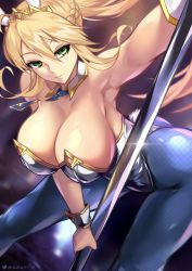 Rule 34 | 1girl, absurdres, ahoge, animal ears, armpits, artoria pendragon (all), artoria pendragon (fate), artoria pendragon (swimsuit ruler) (fate), ass, bare shoulders, blonde hair, blue necktie, blue pantyhose, blush, braid, breasts, cleavage, detached collar, fake animal ears, fate/grand order, fate (series), fishnet pantyhose, fishnets, french braid, green eyes, hair between eyes, highleg, highleg leotard, highres, large breasts, leaning forward, leotard, long hair, looking at viewer, necktie, pantyhose, playboy bunny, pole, ponytail, queasy s, rabbit ears, sidelocks, solo, stripper pole, thighs, tiara, white leotard, wrist cuffs