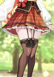 Rule 34 | 1girl, blurry, blurry background, bow, brown thighhighs, commentary, corset, dalcom, feet out of frame, frilled skirt, frilled sleeves, frills, garter straps, highres, hololive, long hair, lower body, miniskirt, official alternate costume, outdoors, pink hair, pleated skirt, red bow, sakura miko, sakura miko (casual), skindentation, skirt, solo, standing, thighhighs, thighs, virtual youtuber