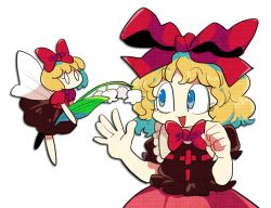 Rule 34 | 1girl, blonde hair, blue eyes, bow, clenched hand, curly hair, doll, fairy wings, floating, flower, furukawa (yomawari), hair ribbon, lily of the valley, looking at another, medicine melancholy, no mouth, no nose, open mouth, puffy short sleeves, puffy sleeves, red bow, red ribbon, ribbon, short sleeves, su-san, touhou, wings